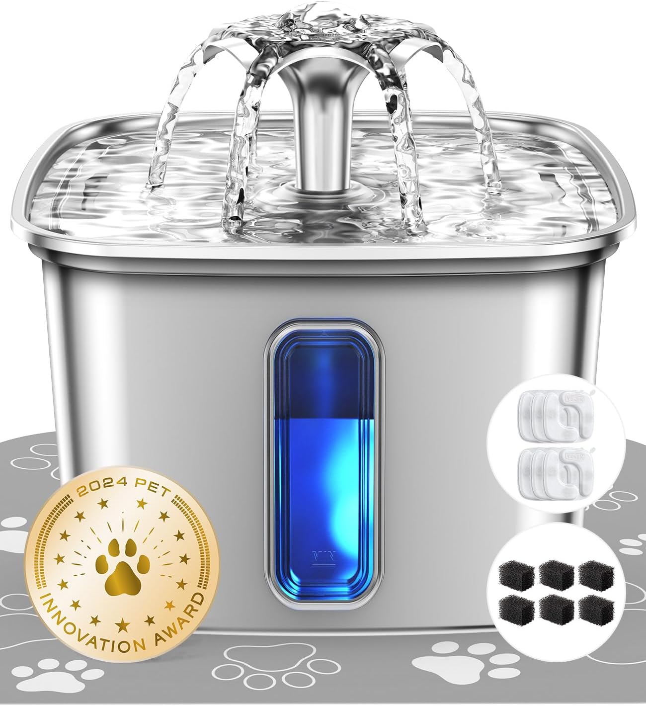 Veken Innovation Award Winner Stainless Steel Cat Water Fountain, 108oz/3.2L Automatic Pet Fountain Dog Water Dispenser with 3 Replacement Filters & Silicone Mat, Gifts for Cats, Dogs (Silver)